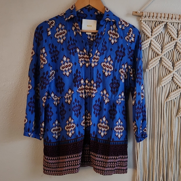 Maeve by Anthropologie Blue Boho‎ Print Button Down Shirt Women’s Size 4 - Picture 3 of 8